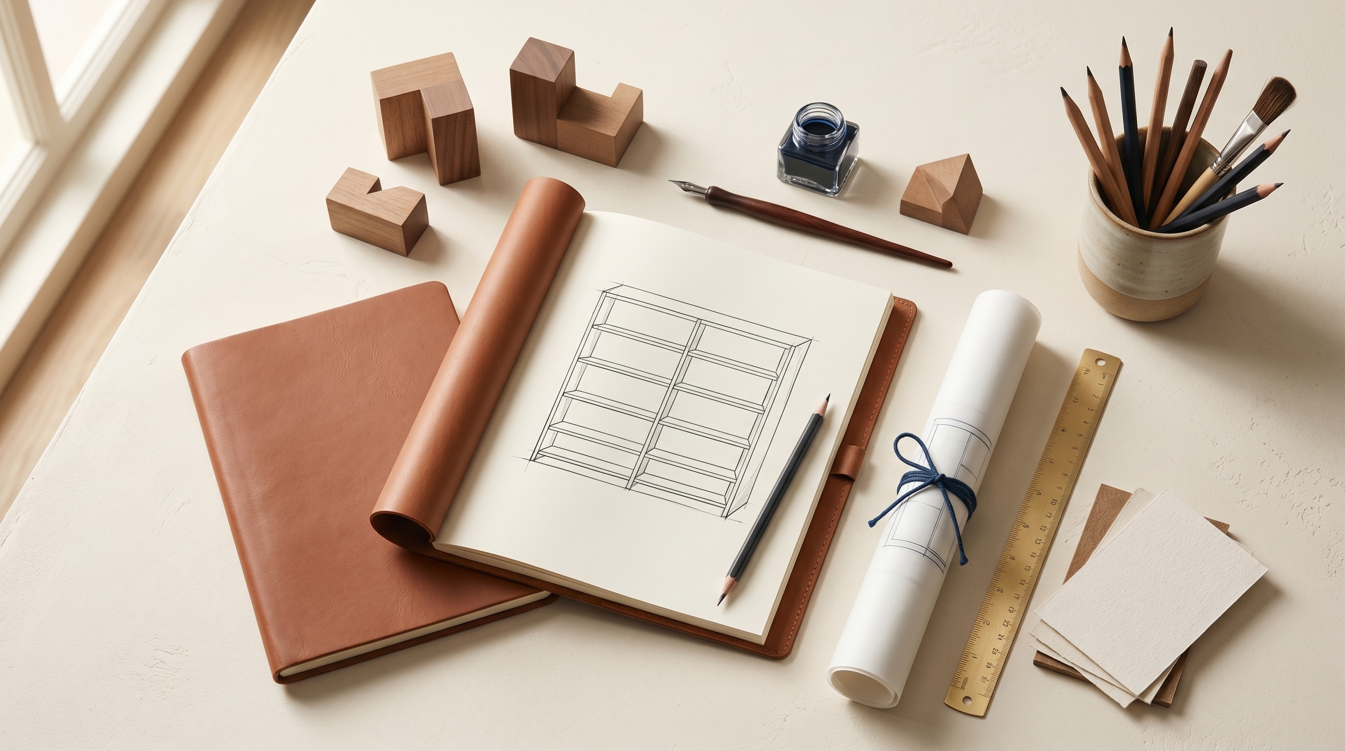 Editorial top-down still life on a warm cream surface — a wood board with neutral props, planning papers, and merchandising tools arranged in a restrained editorial composition.